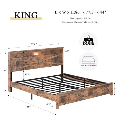 King Size Farmhouse Wooden Bed Frame with Storage Headboard, view 3