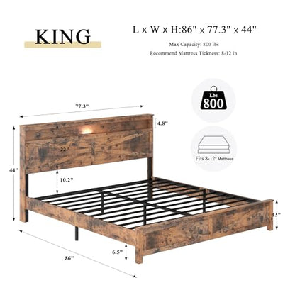 King Size Farmhouse Wooden Bed Frame with Storage Headboard, view 3