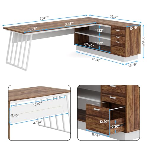 71-Inch Executive Desk, L-Shaped Desk with Cabinet, view 3