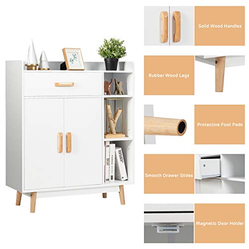 Floor Storage Cabinet, Freestanding Cupboard with 1 Drawer, 2 Doors, 3 Shelves, 4 Rubber Wood Legs, Sideboard, Entryway Unit for Home Office, Living Room, Storage Organizer (White)