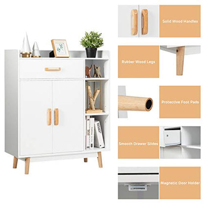 Floor Storage Cabinet, Freestanding Cupboard with 1 Drawer, 2 Doors, 3 Shelves, 4 Rubber Wood Legs, Sideboard, Entryway Unit for Home Office, Living Room, Storage Organizer (White)