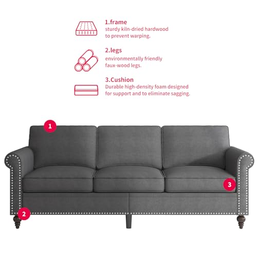 3PCS Sofa Set for Living Room,Modern Linen Couch Set with Nailhead Trim Design, Living Room Furniture Set for Office,Apartment, Home(Sofa & Loveseat & Chair/Dark Grey)