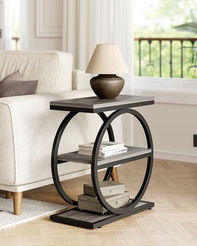 End Table, 3-Tier Side Table, Slim Sofa Side Table for Living Room, Tall Bedside Table Nightstand for Bedroom, Grey and Black