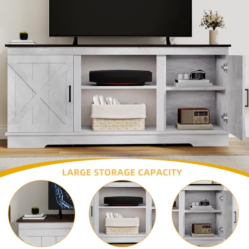Farmhouse TV Stand for TVs up to 65, Double Barn Doors, Grey White, view 7