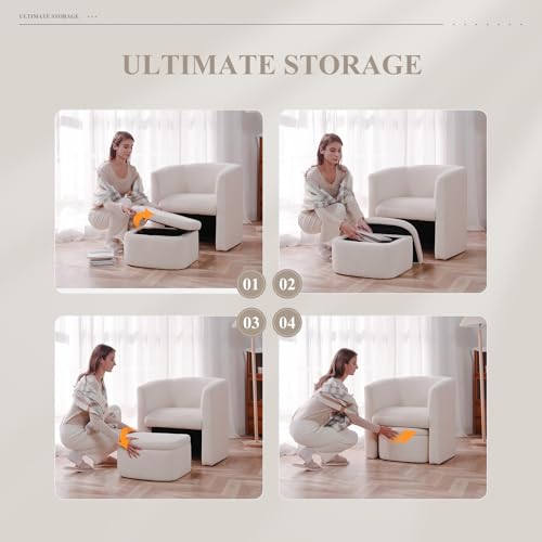 Upholstered Sherpa Barrel Accent Chair with Storage Ottoman, Morden Living Room Side Chair, Single Sofa Armchair with Lounge Seat for Bedroom/Office/Reading Spaces, Cream