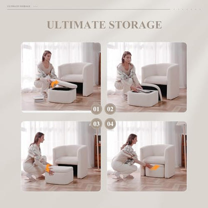 Upholstered Sherpa Barrel Accent Chair with Storage Ottoman, Morden Living Room Side Chair, Single Sofa Armchair with Lounge Seat for Bedroom/Office/Reading Spaces, Cream