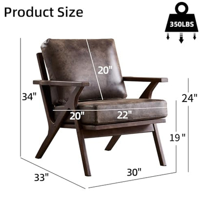 Mid-Century Modern Accent Chair with Wood Frame, PU Leather Living Room Chair and Soft Thick Padded Armchair for Living Room Bedroom Reception with Removable Upholstered Cushions, Dark Grey