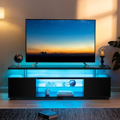Black TV Stand,LED TV Stand for Living Room,Glass Entertainment Center TV Stand, TV Console Tables for Living Room,Bedroom,Home Office