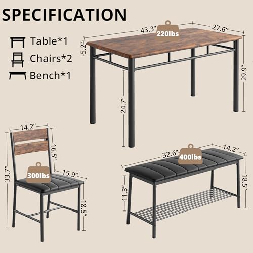Dining Table Set for 4, Kitchen Table with Upholstered Bench and 2 Chairs, Kitchen Table and Chairs Set for Small Space, Apartment, Rustic Brown