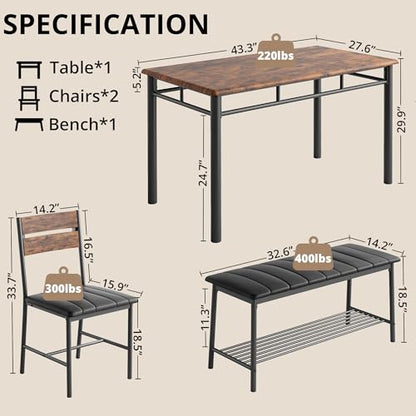 Dining Table Set for 4, Kitchen Table with Upholstered Bench and 2 Chairs, Kitchen Table and Chairs Set for Small Space, Apartment, Rustic Brown