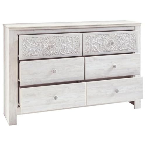 Signature Design by Ashley Paxberry Boho 6 Drawer Dresser, Smooth-gliding Faux Laminate Lined Drawers, Wood, 61.26" W x 15.83" D x 40" H, Whitewash