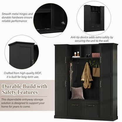 ON-TREND Farmhouse Elegant Hall Tree with 4 Side Cabinets, All-in-One Mudroom Furniture with Adjustable Shelves & Open Cubbies, Beadboard Entryway Bench with Coat Rack & 5 Hooks for Hallway, Black