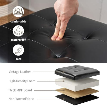 17 Inch Storage Ottoman Foot Rest,Square Faux Leather Foot Stool,Small Ottoman with Storage,Padded Seat for Entryway,Living Room,Bedroom,Couch,Under Desk,Black