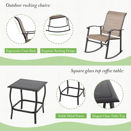 Rocking Chair Outdoor with Table, 3 Piece Rocking Patio Bistro Set, Outdoor Furniture Set with Metal Frame and Textilene Fabric for Small Space, Brown
