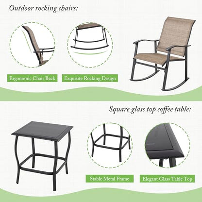 Rocking Chair Outdoor with Table, 3 Piece Rocking Patio Bistro Set, Outdoor Furniture Set with Metal Frame and Textilene Fabric for Small Space, Brown