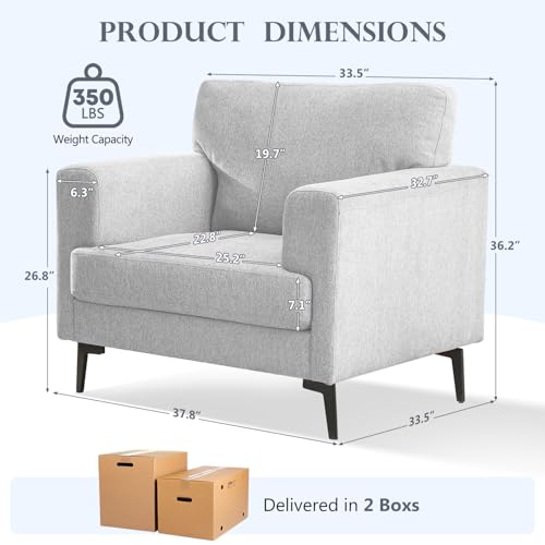 Accent Chair, Linen Fabric Oversized Mid Century Modern Chair Set of 1, Comfy Upholstered Armchair Reading Accent Chairs Sofa Chairs for Bedroom Living Room, Light Gray