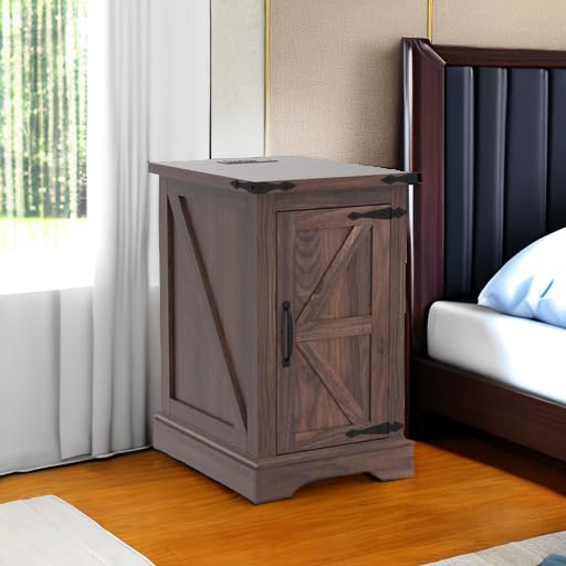 Nightstand with Charging Station, Rectangular Farmhouse End Table with Barn Door and Adjustable Storage Shelf, 17" Deep Wood Rustic Sofa Side Table for Living Room, Bedroom, Brown