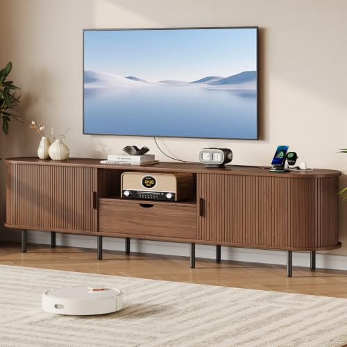 86.6" TV Stand with Power Outlet for TVs up to 90", Walnut Media Console, view 3