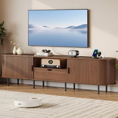 86.6" TV Stand with Power Outlet for TVs up to 90", Walnut Media Console, view 3