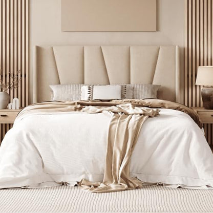 Queen Size Platform Linen Bed Frame with Headboard, Beige, view 2