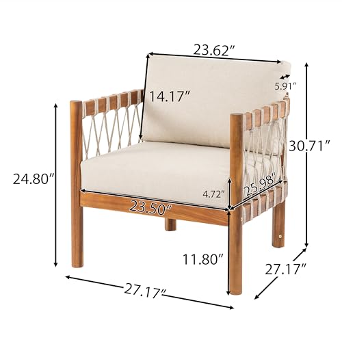Coastal Haven Acacia Wood Lounge Chair Outdoor with Removable Cushion, Wooden Patio Accent Chair with Woven Rope Details, Outdoor Armchair for Patio Furniture Set, Teak+Beige