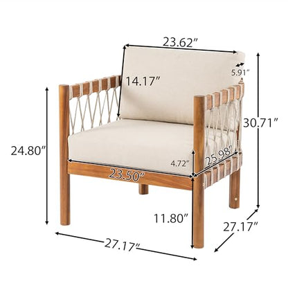 Coastal Haven Acacia Wood Lounge Chair Outdoor with Removable Cushion, Wooden Patio Accent Chair with Woven Rope Details, Outdoor Armchair for Patio Furniture Set, Teak+Beige