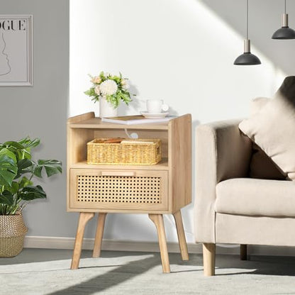 Rattan Nightstand with Charging Station, Boho Side Table with Drawer Open Shelf, Cane Accent Bedside End Table for Bedroom, Dorm and Small Spaces