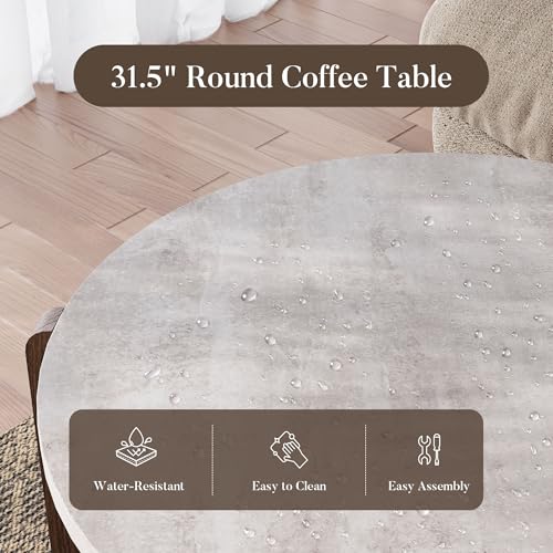 31.5" Round Coffee Table, Faux Marble Tabletop with Walnut Wood Grain Legs, Modern Minimalist Center Table for Living Room, Waterproof & Easy Assembly, Off-White
