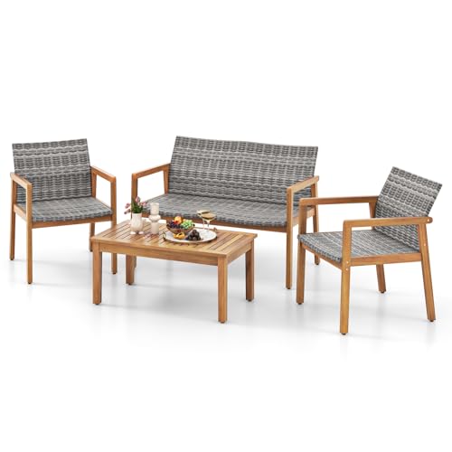 4 Pieces Outdoor Furniture Set, Acacia Wood Frame Sofa Set w/Rattan Seat & Back, Patio Conversation Set w/Coffee Table for Balcony, Poolside, Backyard (Mix Gray)