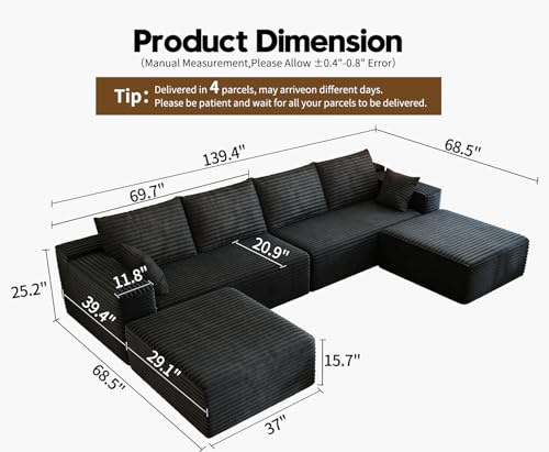139.4" Modular Sectional Sofa, U-Shaped Minimalist Couches with 2 Ottomans Chaise, Modern Deep Seat Convertible Sleeper Sofa Bed,Cloud Plush Corduroy Fabric, No Assembly Required, 6 Seater, Black