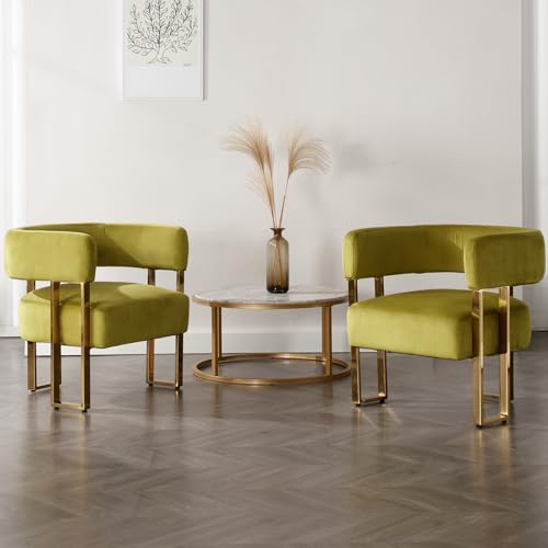 Barrel Accent Chair with Metal Frame Legs, Modern Velvet Living Room Chairs, Mid Century Upholstered Single Lounge Sofa Armchair for Living Room/Bedroom/Reading Room, Olive