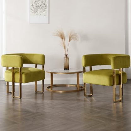Barrel Accent Chair with Metal Frame Legs, Modern Velvet Living Room Chairs, Mid Century Upholstered Single Lounge Sofa Armchair for Living Room/Bedroom/Reading Room, Olive