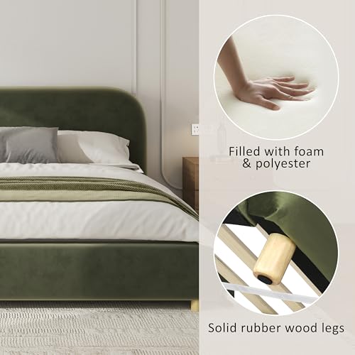 Queen Velvet Fabric Platform Bed with Curved Headboard, Olive Green, view 5