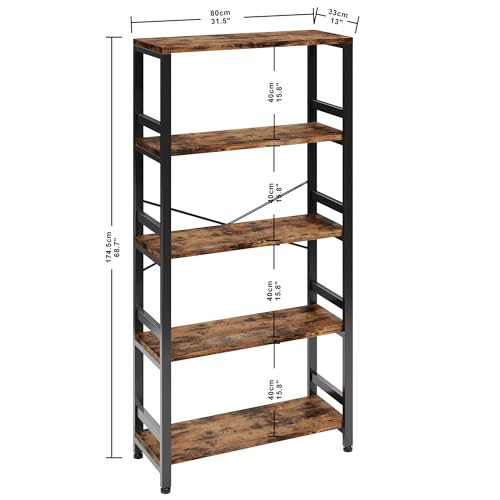 Bookshelves and Bookcases, 31.5in Wide Shelf 5-Tier Ladder Shelf 110lbs/shelf Vintage Industrial Style Bookcase for Bedroom Living Room Home, Vintage Brown