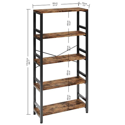 Bookshelves and Bookcases, 31.5in Wide Shelf 5-Tier Ladder Shelf 110lbs/shelf Vintage Industrial Style Bookcase for Bedroom Living Room Home, Vintage Brown