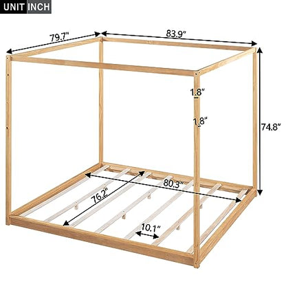Modern King Size Wood Canopy Bed Floor Platform Bed Frame/No Box Spring, view 4