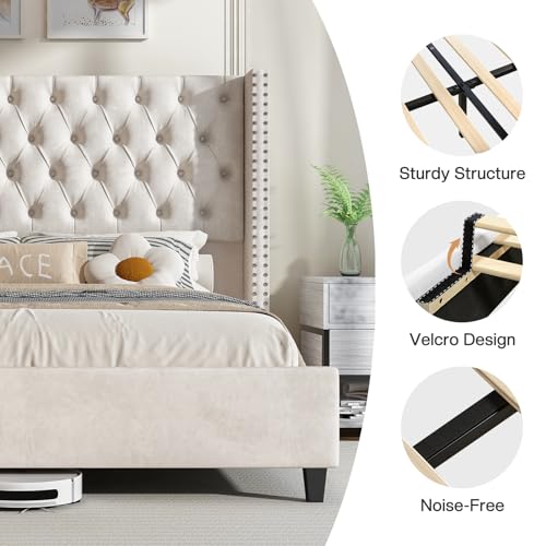 Queen Size Bed Frame Velvet Upholstered Platform Bed with 51.6" Tall Wingback Headboard Deep Button Tufted, No Box Spring Needed, Cream
