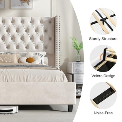 Queen Size Bed Frame Velvet Upholstered Platform Bed with 51.6" Tall Wingback Headboard Deep Button Tufted, No Box Spring Needed, Cream