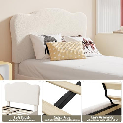 Upholstered Full Size Bed Frame for Kids with Scallop Headboard, Cute Velvet Full Bed for Girls, Boys, Sturdy Platform Bed, No Box Spring Needed, Wooden Slats, Noise Free, Beige