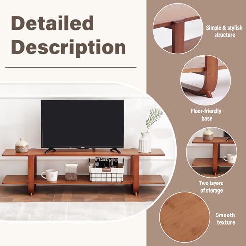 Low Bamboo TV Stand for Up to 65 Inch, Small Mid Century Modern Entertainment Center with 2-Tier Open Shelves, Walnut Media Console Table for Living Room, Bedroom