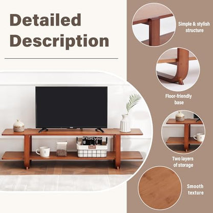 Low Bamboo TV Stand for Up to 65 Inch, Small Mid Century Modern Entertainment Center with 2-Tier Open Shelves, Walnut Media Console Table for Living Room, Bedroom