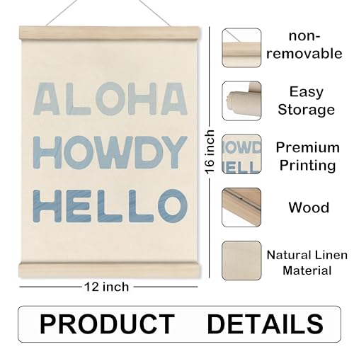 Blue Coastal Cowgirl Howdy Aloha Poster Hanger Frame, Howdy Wall Art,Western Trendy Sign Wall Art with Wooden Frames,Preppy Cowgirl Wall Hanging Banner Decor for Living Room Bedroom, 12x16 Inch