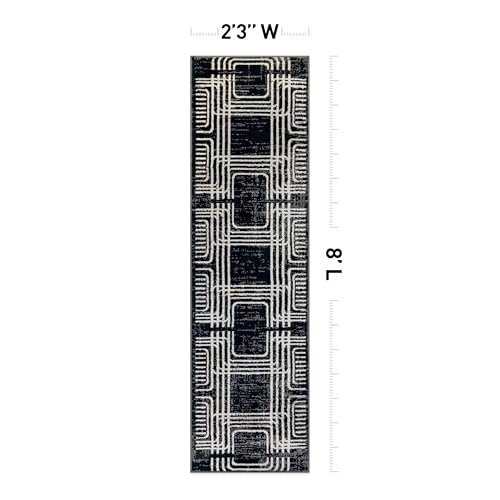 Black and White Geometric Area Rug – Abstract Curved Line and Square Pattern Carpet for Living Room, Bedroom, or Office – Contemporary Soft Floor Décor 2' 3" x 8' Runner Black