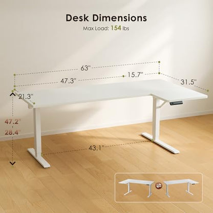63 Inch Reversible L Shaped Electric Standing Desk, White, view 4