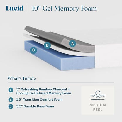® 10" Medium Gel Memory Foam Mattress – Bamboo Charcoal & Cooling Gel – Fiberglass Free – Bed in a Box – CertiPUR-US® Certified – Queen Size