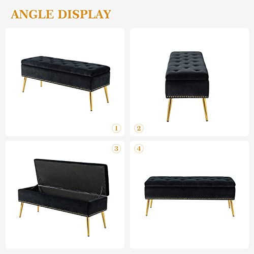 Modern velvet storage ottoman bench gold base black, view 4
