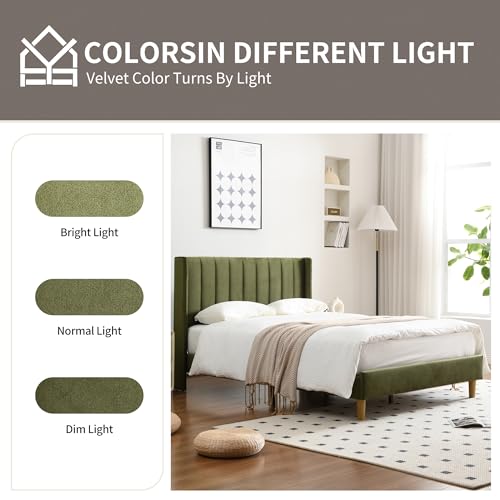 King Bed Frame，Platform Bed with Upholstered Headboard，Grass Green, view 7