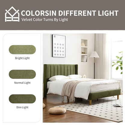 King Bed Frame，Platform Bed with Upholstered Headboard，Grass Green, view 7