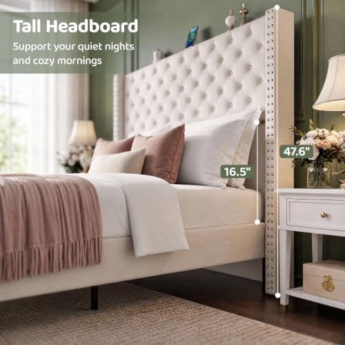 Queen Upholstered Bed Frame with RGB LED Lights and Charging Station, view 7