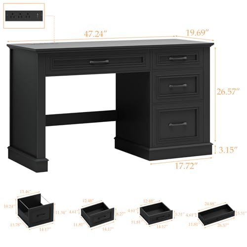 Farmhouse 47" Workstation Computer Desk with Drawers, Pure Black, view 3